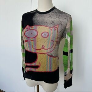 Funky vintage Custo Barcelona Cat Print Thin Knit Long Sleeve